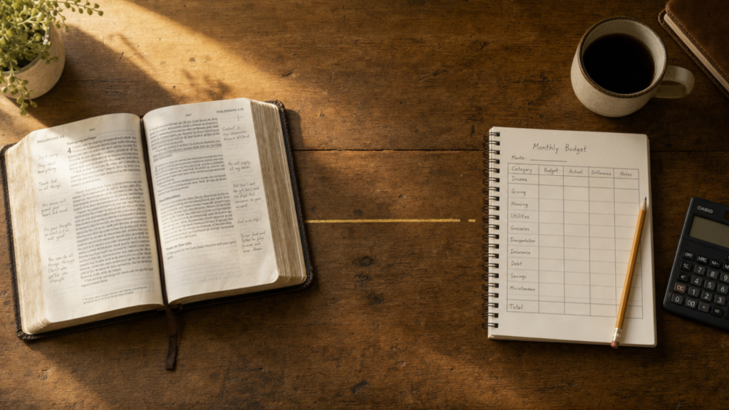 An open Bible and a budgeting notebook on a table, joined by a gold line that doesn't quite connect.