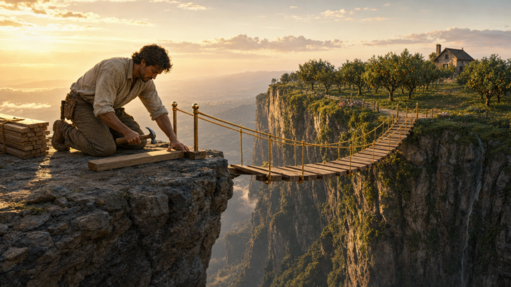 A person building a plank bridge across a gap toward green, fertile land.
