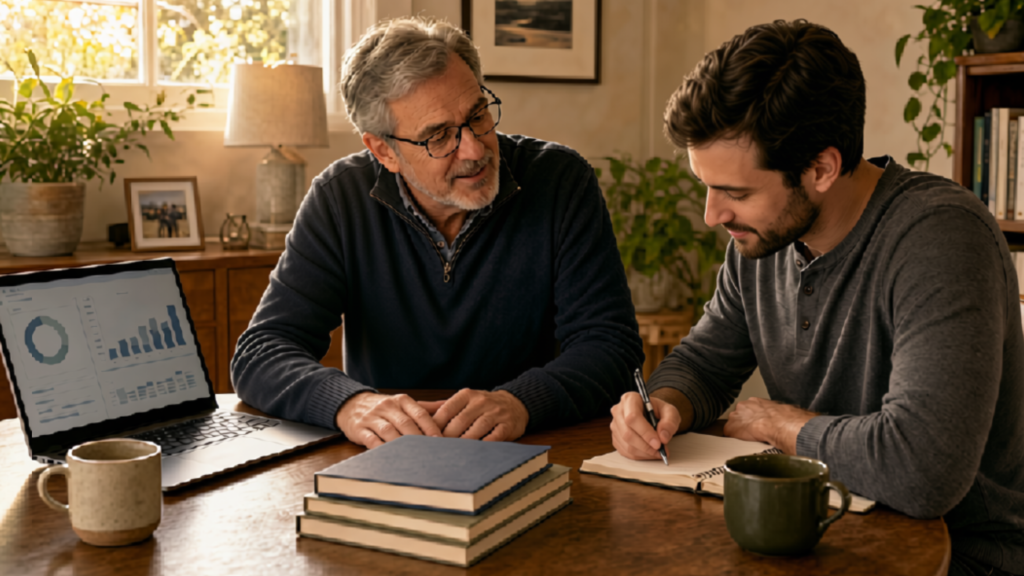 An older mentor teaching a younger adult Faith-Based Wealth Building