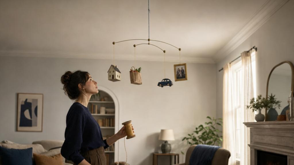  A mobile holding a house, groceries, a car, and a family photo, hanging from one frayed thread while a person holds a spool of gold cord.

