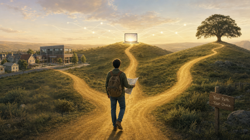 A person at a crossroads choosing between three ways to build wealth: real estate, digital business and long-term investing.