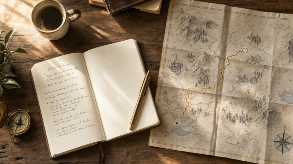 A notebook, compass and partly drawn map, showing the step of defining your financial destination.