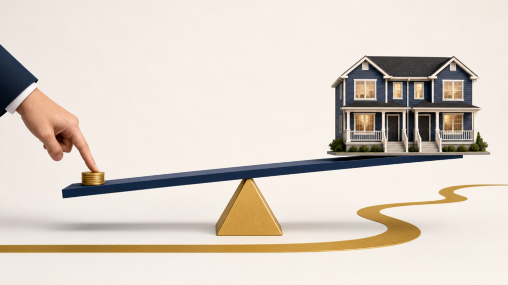 A small stack of coins on a lever lifting an entire house, showing how leverage works in real estate.
