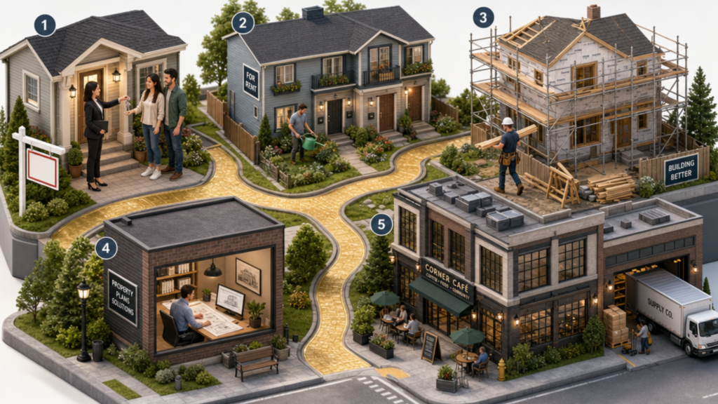 An isometric neighborhood showing five real estate strategies: agent, landlord, flipper, lender, and commercial investor.