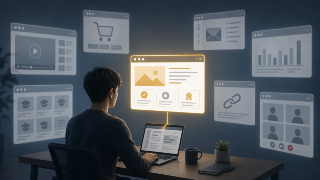 An entrepreneur focused on one bright digital business model while six others fade into the background.