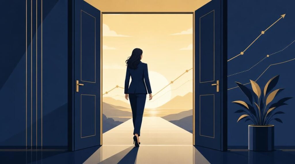 A confident, professional-looking person walking through an open doorway toward a bright horizon.